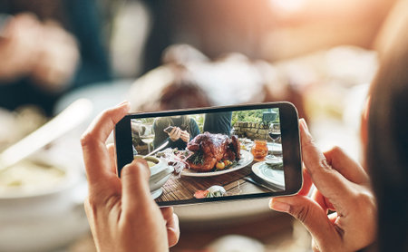 Hands, dinner and food by photography for blog on smartphone, plate of turkey and person vlogging. Table, cellphone and camera for social media post, meat and meal with culinary for review on web appの写真素材