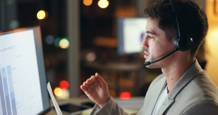 Businessman, consultant and night with computer at call center for customer service or finance at...