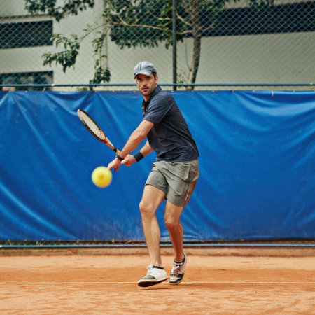 Man, tennis ball and match in outdoor sports, game and court for competition or practice. Male person, athlete and ready for training or exercise, workout and hobby for action and challenge fitnessの写真素材