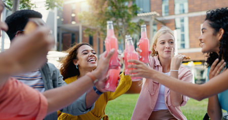 Students, cheers and park with happy friends, diversity and picnic with smile in summer on campus....