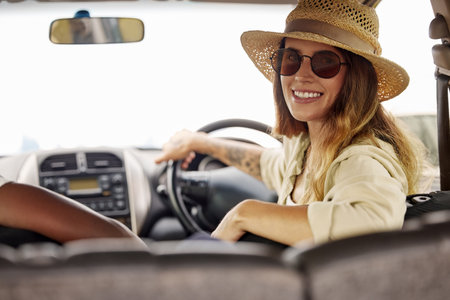 Sunglasses, drive and woman with smile in car for summer holiday, vacation and weekend journey....