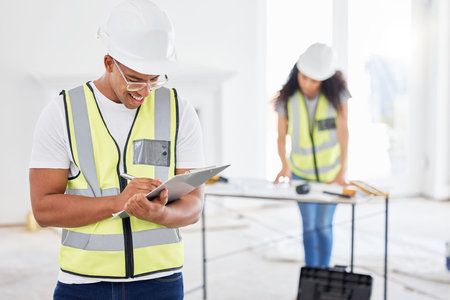 Man, clipboard and construction with smile, project and planning for building with repair....