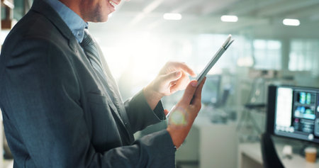 Hands, tablet and corporate man in office for connection, information or research with flare. App,...
