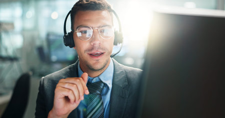 Call center, help and businessman with computer in office consulting or crm, sales and customer...