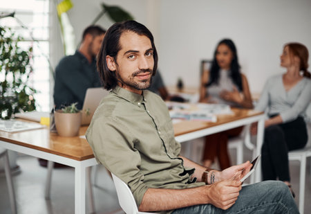 Business man, tablet and portrait and meeting with app developer, technology and confidence in...