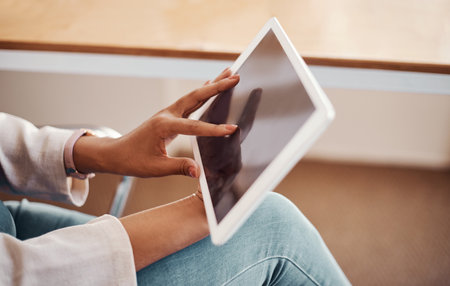 Hands, working and tablet screen at company for business, mockup programming or problem solving. Female person, programming and ebook with scroll for plan with digital code, office research for jobの写真素材