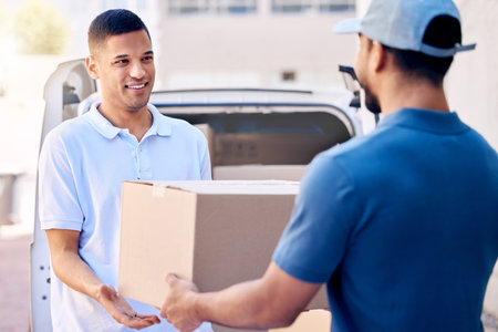 Package, hands and customer with delivery man in outdoor for shipping, courier service or stock. Van, logistics and people with cargo parcel for ecommerce export, distribution or commercial supplierの写真素材