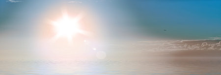 Sun flare, ocean and blue sky with water in nature wallpaper for natural environment of tropical...