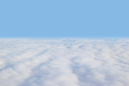Skyline, nature and clouds with sunshine and blue sky for wallpaper or mockup space. Summer,...