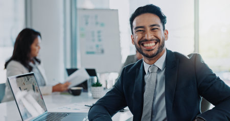 Business man, meeting and portrait in coworking office with collaboration, teamwork and career confidence. Professional, financial consultant and consulting staff with smile from finance advice jobの写真素材