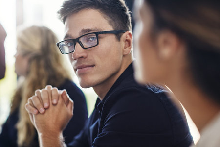 Startup, portrait and business man in meeting listening to ideas for sales growth in development...