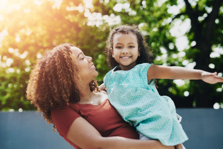 Mom, girl and happy in house at backyard with playing for fun, bonding and child development....