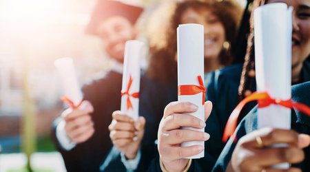 Graduation, achievement or hands of students with certificate at university for education,...