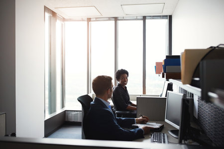 Business, people and corporate workplace or together, coworkers and professional office clerks or coworking. Administrators, scheduling meetings and checking email reports, pc projects and employeesの写真素材