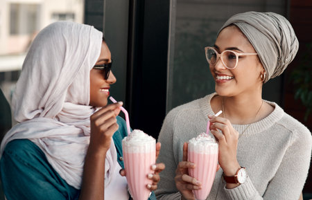 Muslim women, smile and milkshake for cafe date with bonding together, reunion chat and talking. Islamic friends, happy and speaking in outdoor restaurant with dessert drink, relationship and storyの写真素材