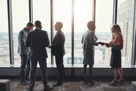 Business people, window and office with women handshake for investor partnership in company and finance agency. Men, discussion and corporate communication for risk management, shaking hands and dealの写真素材