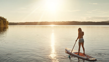 Lake, sunset and woman on paddle board for relax, water sports and vacation on river for tourism....