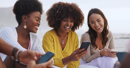 Friends, relax and outside with woman on smartphone, people and social media discussion for internet...