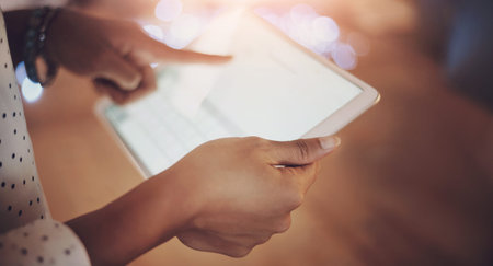 Person, hands or tablet with screen in office for business, mockup space for news on digital...