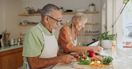Kitchen, vegetables and elderly couple with cooking for healthy dinner, nutrition or bonding....