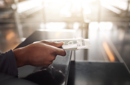 Passport, hands or identification book at airport for checking, booking or flight compliance, registration or process. Travel, documents or person at terminal with visa, information or journey ticketの写真素材