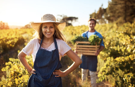 Happy woman, portrait and harvest on farm for small business, support or startup in countryside. Female farmer, man and crate of organic food for growth, agriculture or teamwork in garden for produceの写真素材
