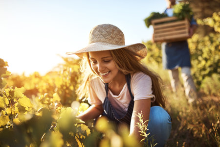 Sustainability, farm and couple with vegetables, natural produce and organic food in green field. Agriculture, agribusiness and people with crate for eco friendly, gardening and crop harvestingの写真素材