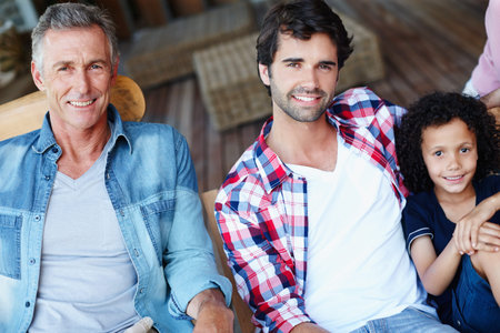 Portrait, happy father and grandfather with kid in home for care, support or people bonding together...