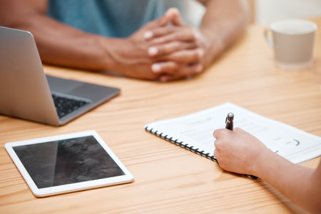 People, hands and signing document on table with legal paperwork, tablet and lease agreement or contract. Loan, audit and signature for relocation with writing on form for approval with transaction.の写真素材