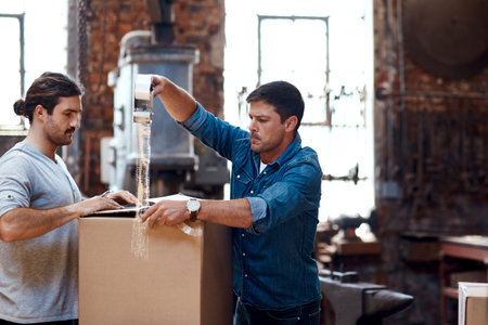 Business people, tape and men with box, teamwork and delivery with courier, supply chain or fragile...