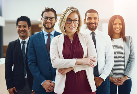 Corporate, portrait and team with leadership, confidence and diversity in office for teamwork and...
