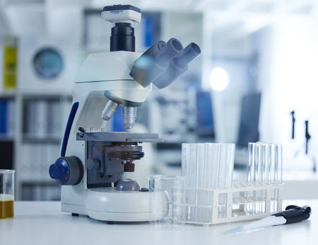 Microscope, desk and science in laboratory for medicine, pharma engineering for FLiRT Covid or new virus. Chemistry, research or development with magnifier for healthcare, innovation or biotechnologyの写真素材