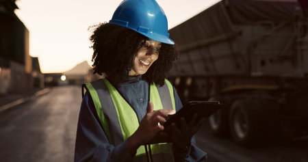Construction, happy and black woman on tablet in city for planning, building and maintenance. Civil...