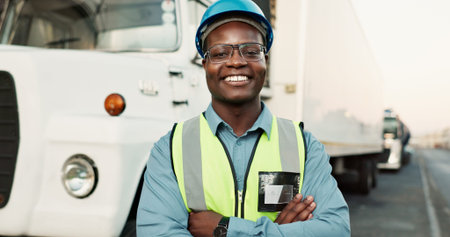 Man, portrait and outdoor at warehouse with confidence for logistics, gear for safety and smile for...