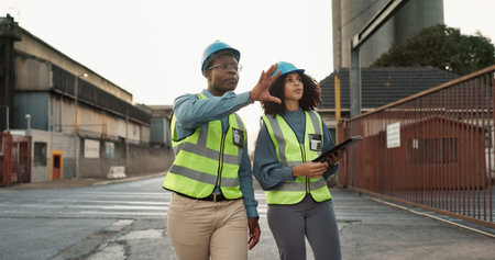 Industrial, outdoor and team with tablet in logistics for inspection, inventory check or delivery...