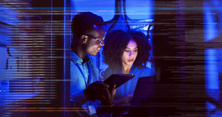 Man, woman and tablet with overlay for technology, maintenance or night data center or futuristic....