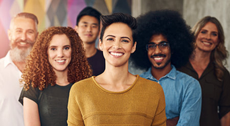 Creative agency, portrait and team with leadership, confidence and diversity in office for cooperation. Employees, collaboration and group of people with management as small business for design workの写真素材