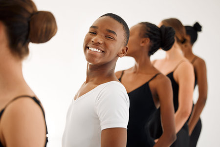 Portrait, happy man or ballet students training or learning with group or people in class or art...