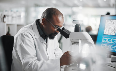 Black man, computer and microscope in laboratory for analysis, innovation and medical research....