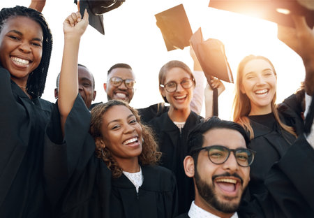Celebration, graduation and portrait of student friends outdoor on campus together for ceremony or...