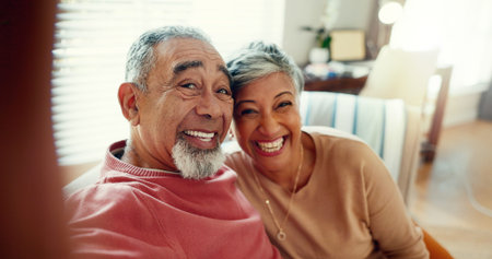 Mature couple, selfie and smile in home for retirement to love, care and support or bonding. People,...