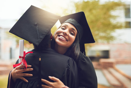 Graduation, people and excited or hug for celebration outdoor on campus with support and education...