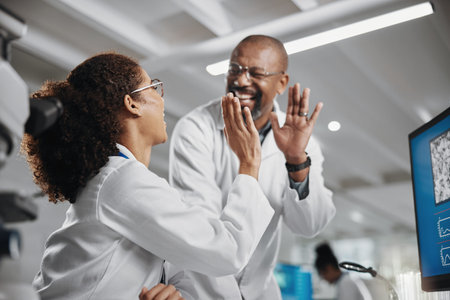 High five, team and success in laboratory for analysis, innovation and experiment. Collaboration,...