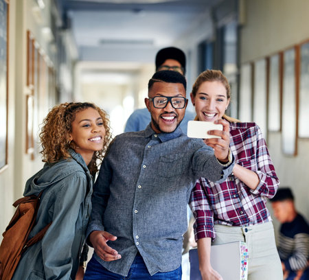 Man, women and students with selfie at college for memory, smile and post on social network. Group, friends and happy for photography with profile picture together in hallway, learning and educationの写真素材