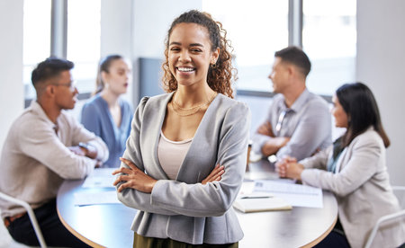 Business, woman and happy in office on portrait for career or job growth and opportunity as project...