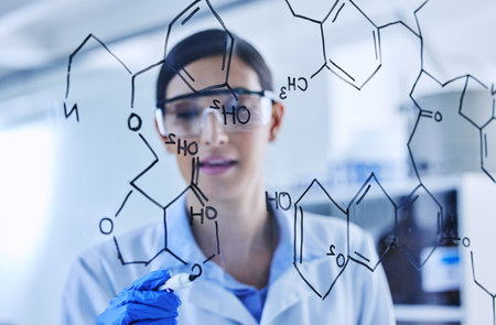 Glass, hand and scientist writing molecule for chemistry, research or medical solution innovation in...