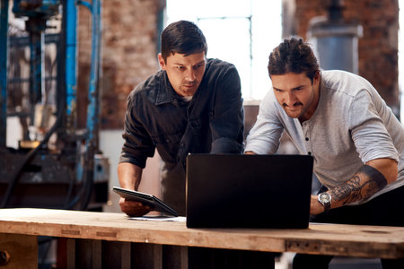 Research, laptop or people in factory for blacksmith planning, labor or warehouse trade in small...