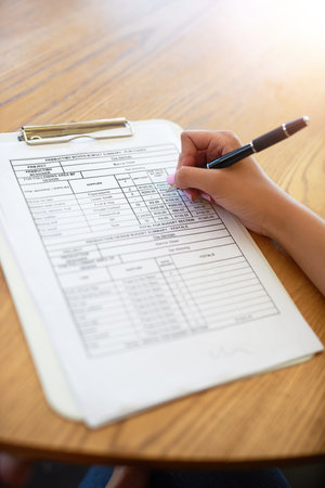 Checklist, paper and person hands with application for business contract, budget loan and signature...
