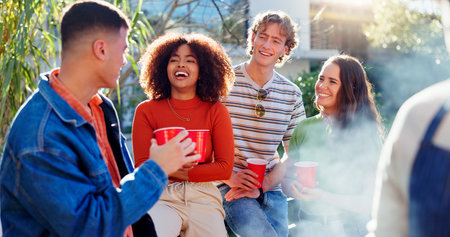 Group, friends and barbecue in backyard for party, drinks and happy for conversation in summer. Men,...