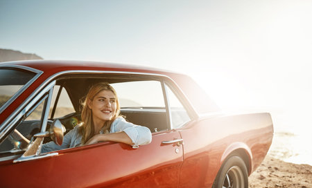 Woman, happy and car travel or outside in summer, weekend break and road trip or cross country...